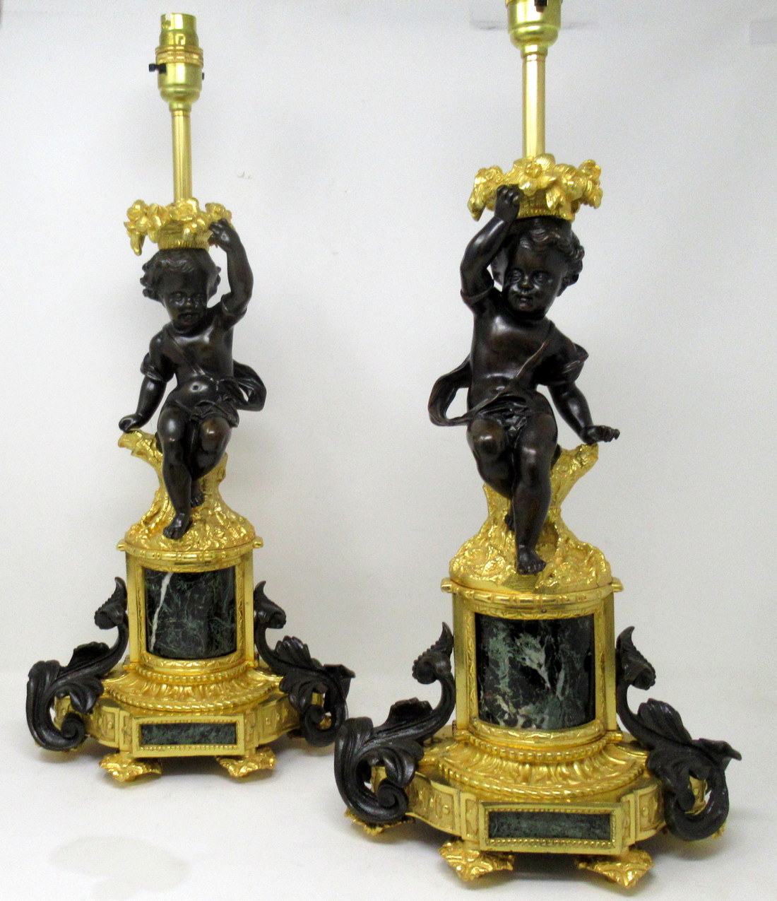 519. Antique Pair Gilt Bronze Ormolu Marble Table Lamps Clodion Grand Tour Cherubs - Image 2