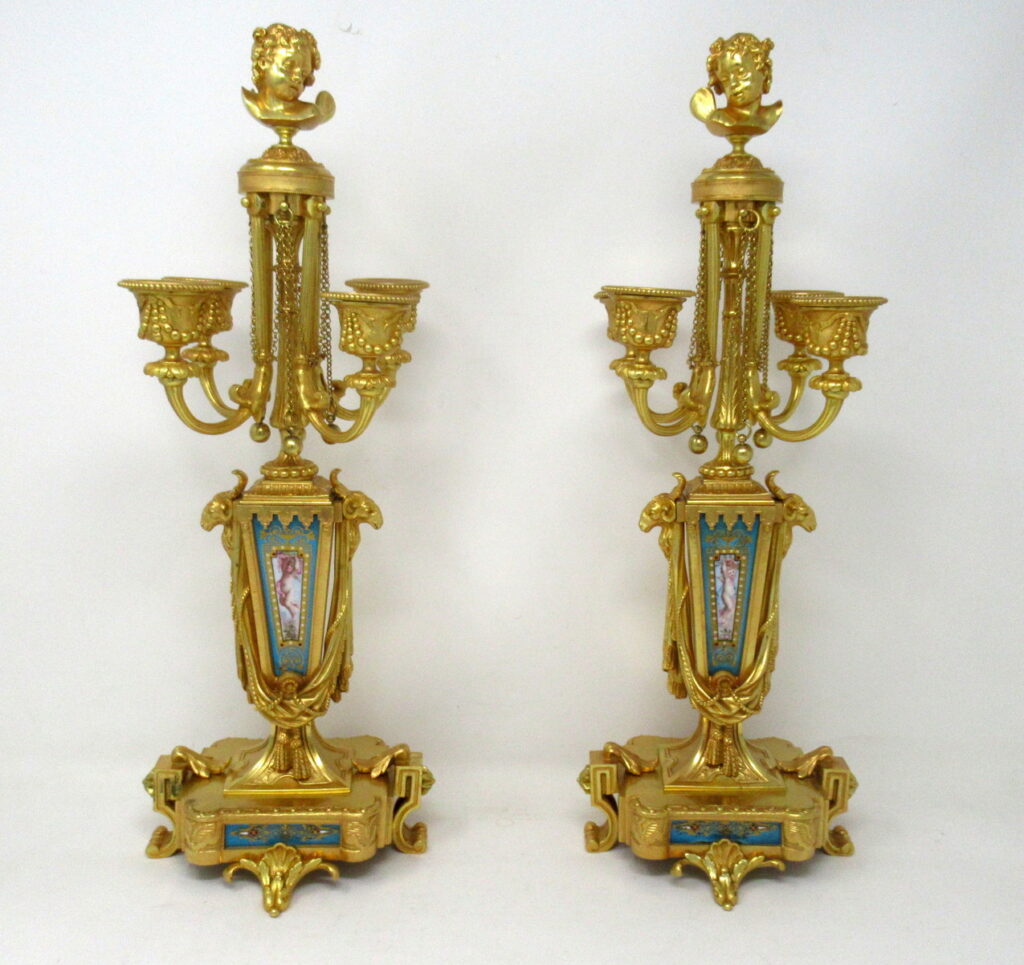 659. Antique Pair French Sevres Porcelain Ormolu Gilt Bronze Candelabra Barbedienne