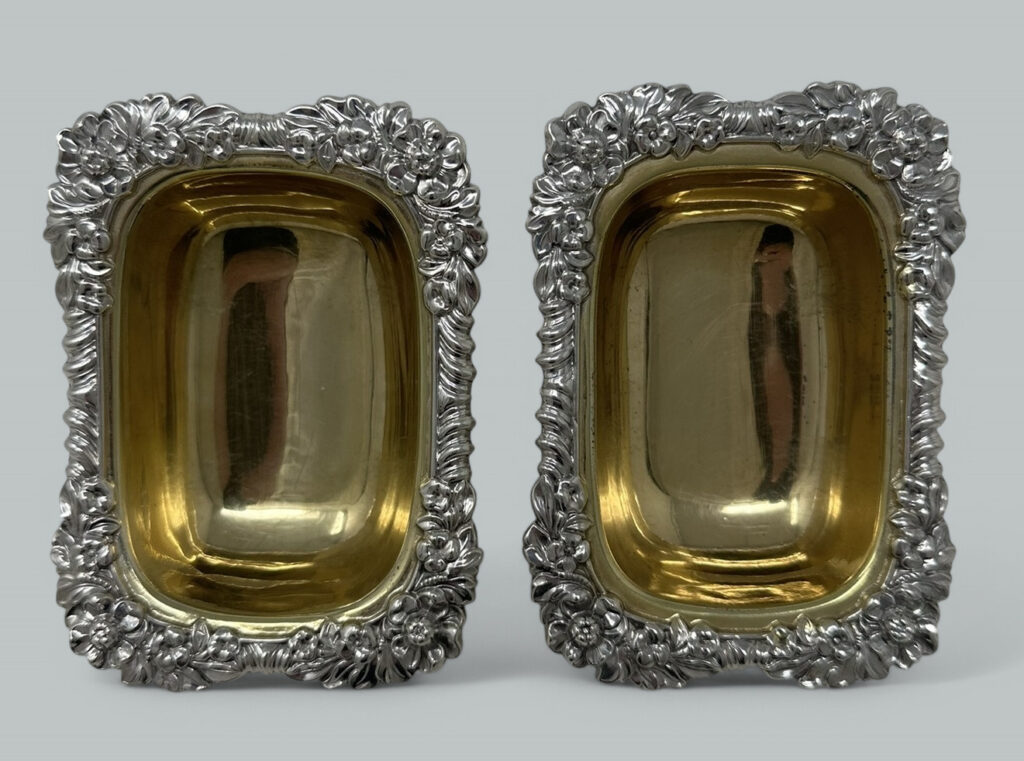 405. Antique Georgian Sterling Silver Gilt Pair Salts Cellars 1817 Kirby Waterhouse