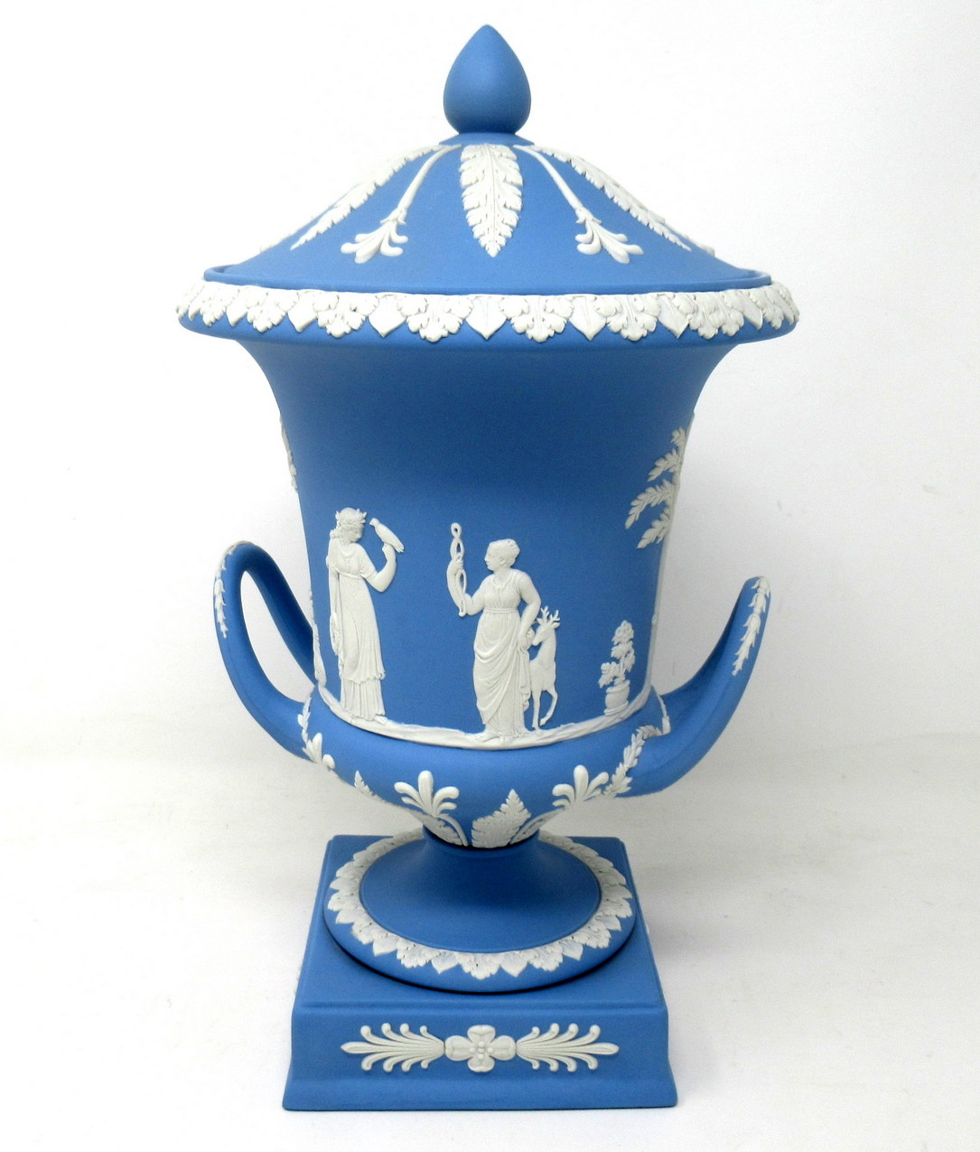 356. Antique Pair of Blue Wedgwood Jasperware Ceramic Urns Vases Mythological Classical Scenes - Image 9