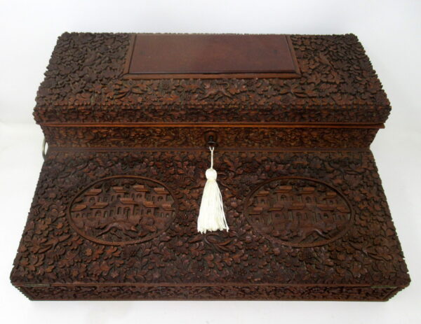 291. Antique Anglo-Indian Bombay Carved Sandalwood Writing Slope Box Mid 19thCentury