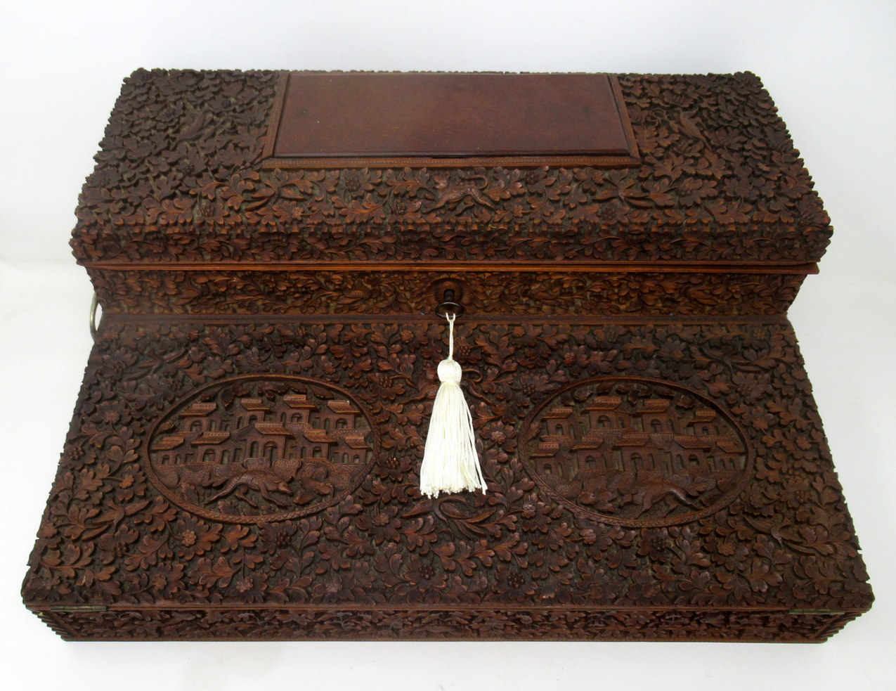 291. Antique Anglo-Indian Bombay Carved Sandalwood Writing Slope Box Mid 19thCentury