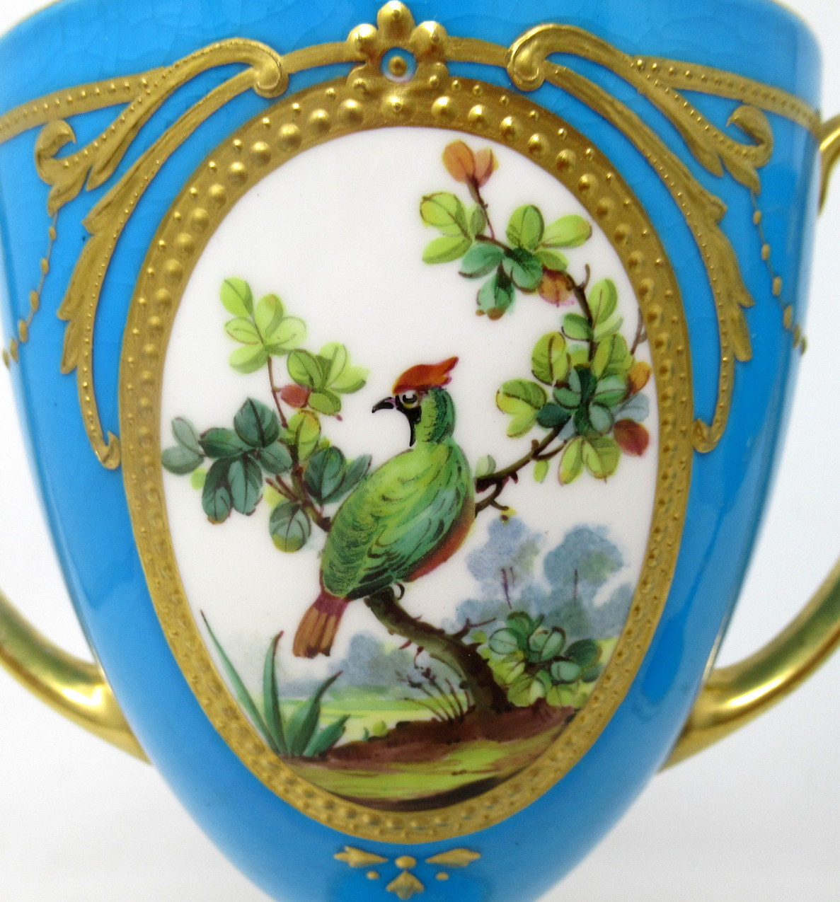 801. Antique Pair Minton Staffordshire Porcelain Vases Centerpieces Birds Turquoise - Image 5