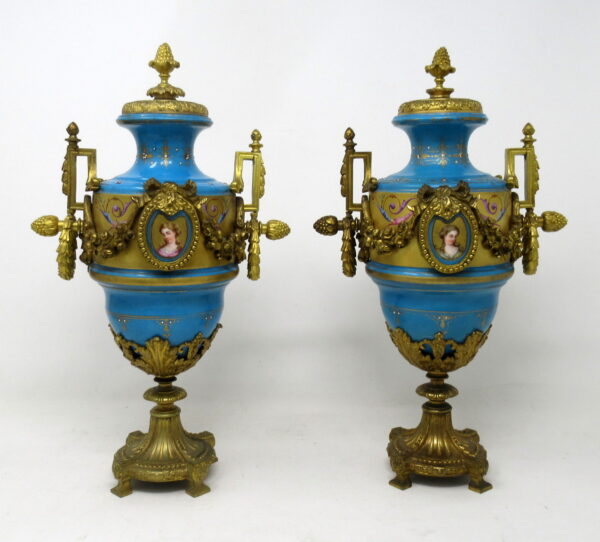 247. Antique Pair Sèvres Porcelain Gilt Bronze Portrait Ormolu Celeste Blue Urns Vases
