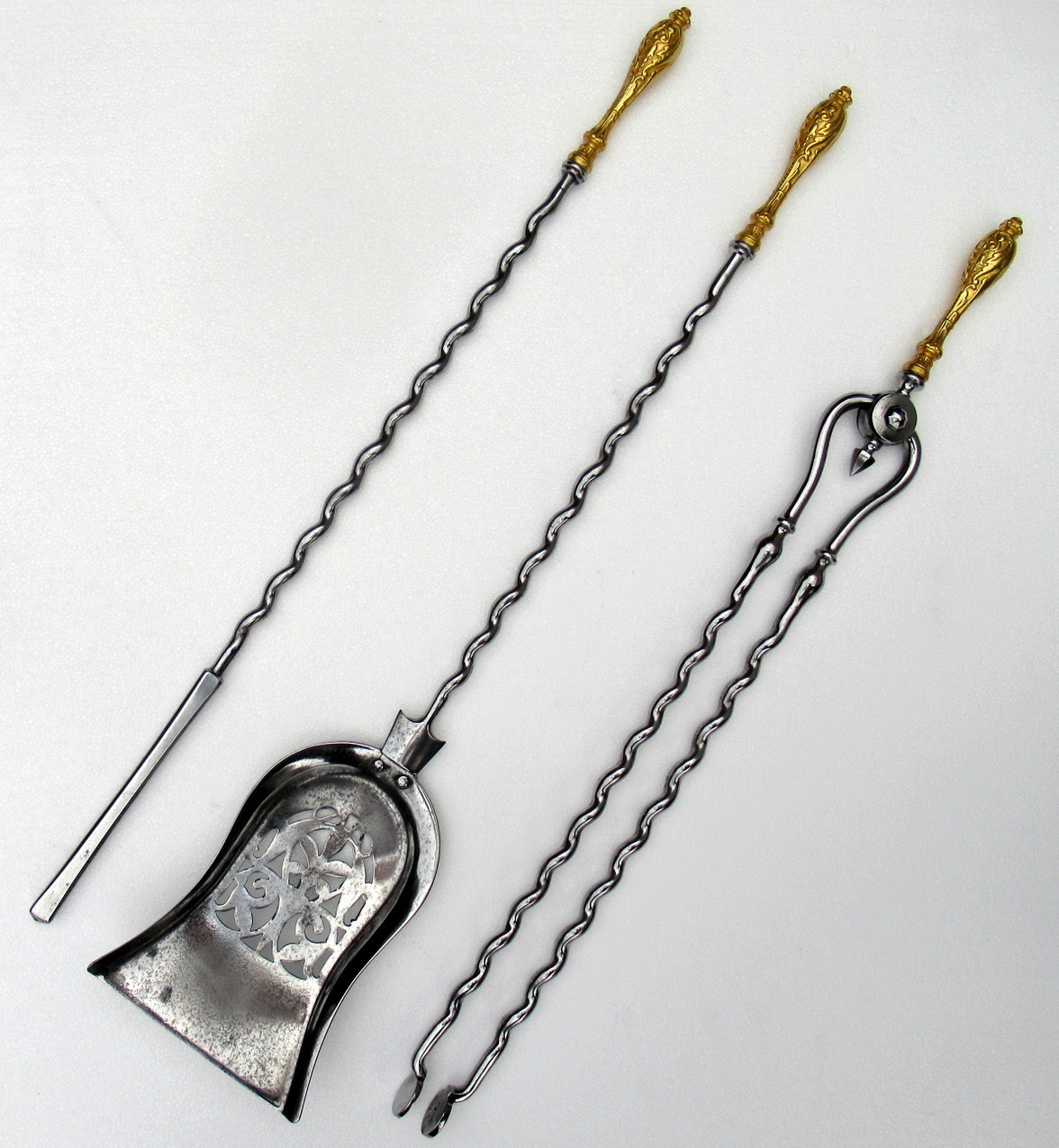 117. Set English Georgian Regency Burnished Steel Gold Plated Fire Tools Irons 18Ct - Image 2