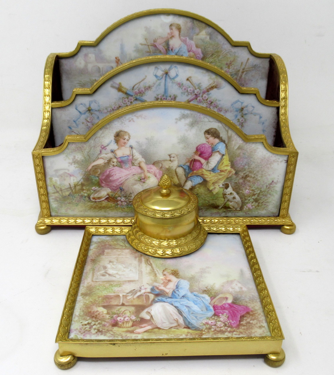 329. Antique French Sevres Ormolu Gilt Bronze Dore Letters Holder Inkwell