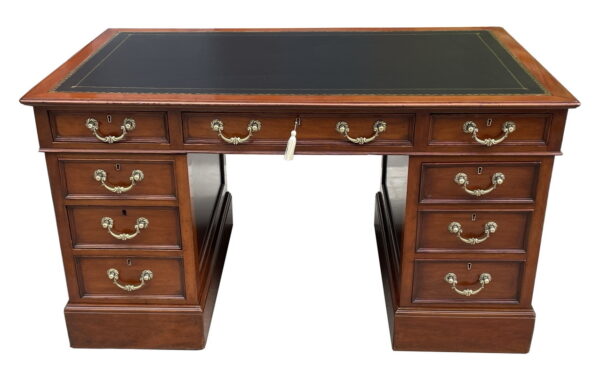 770. Antique Victorian Twin Pedestal Kneehole Desk Brass Handles 19thCt