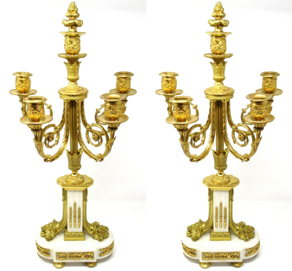 583. Fine Pair French Ormolu Statutory Marble Five Light Candelabra 19thCt