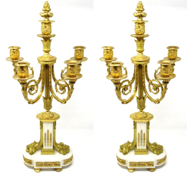 583. Fine Pair French Ormolu Statutory Marble Five Light Candelabra 19thCt