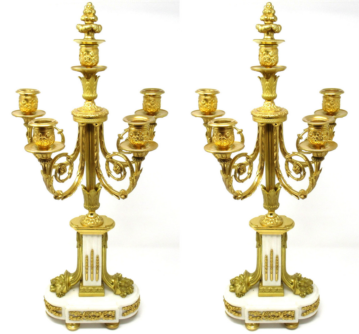 583. Fine Pair French Ormolu Statutory Marble Five Light Candelabra 19thCt