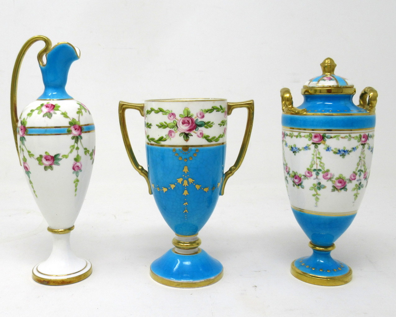 479. Antique Minton Staffordshire Porcelain Ewer Urn Vase Centerpiece Roses Turquoise - Image 3