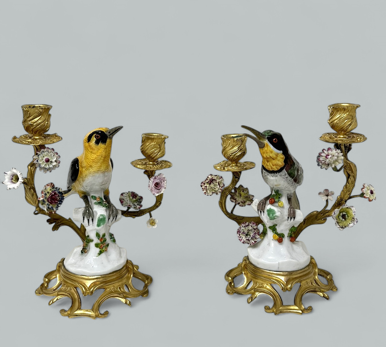 101. Antique Pair French Ormolu Gilt Porcelain Birds Candlesticks Candelabra Samson - Image 2