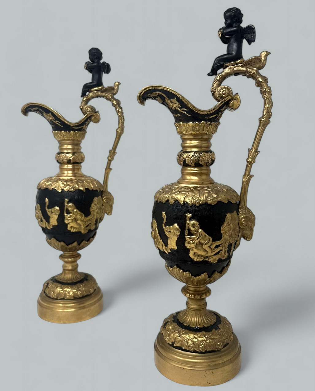 570. Antique Pair French Bronze Ormolu Ewers Vases Manner of Claude Michel Clodion - Image 2