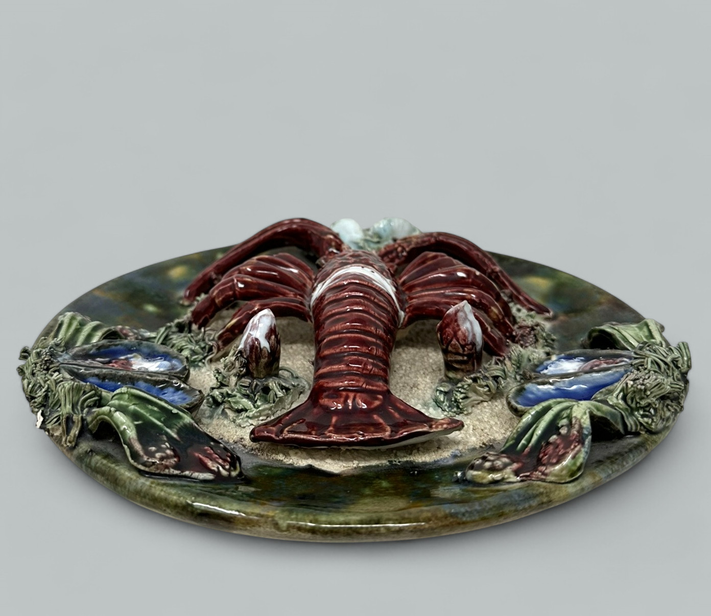 295. Pair Antique Majolica Palissy Portuguese Charger by Jose A Cunha Lobster Seafood - Image 13