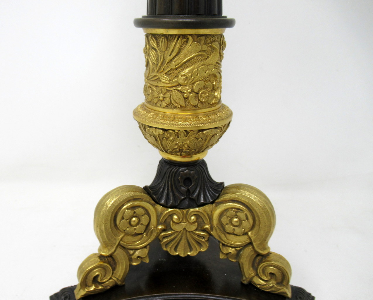 985. Antique Pair of French Doré Bronze Neoclassical Ormolu Candlestick Lamps 19thCt - Image 7