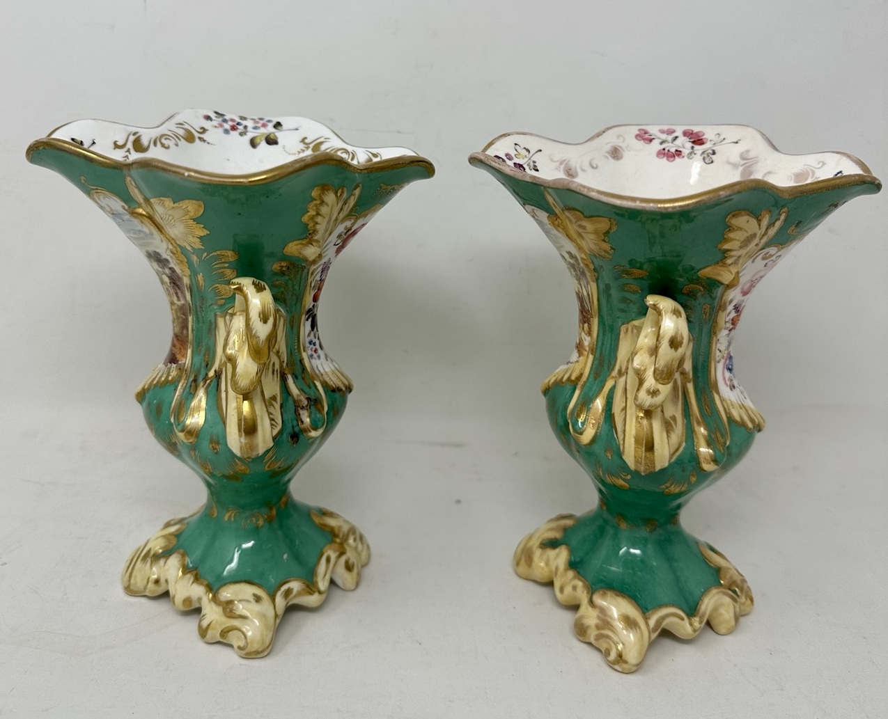 521. Antique Pair English Porcelain Green Samuel Alcock Vases Urns Still Life Flowers - Image 8