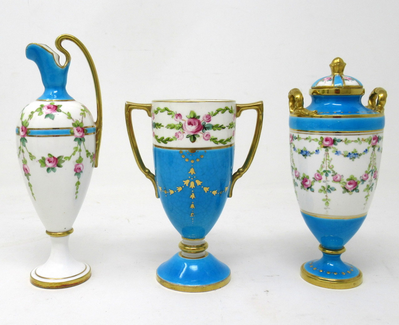 479. Antique Minton Staffordshire Porcelain Ewer Urn Vase Centerpiece Roses Turquoise - Image 2