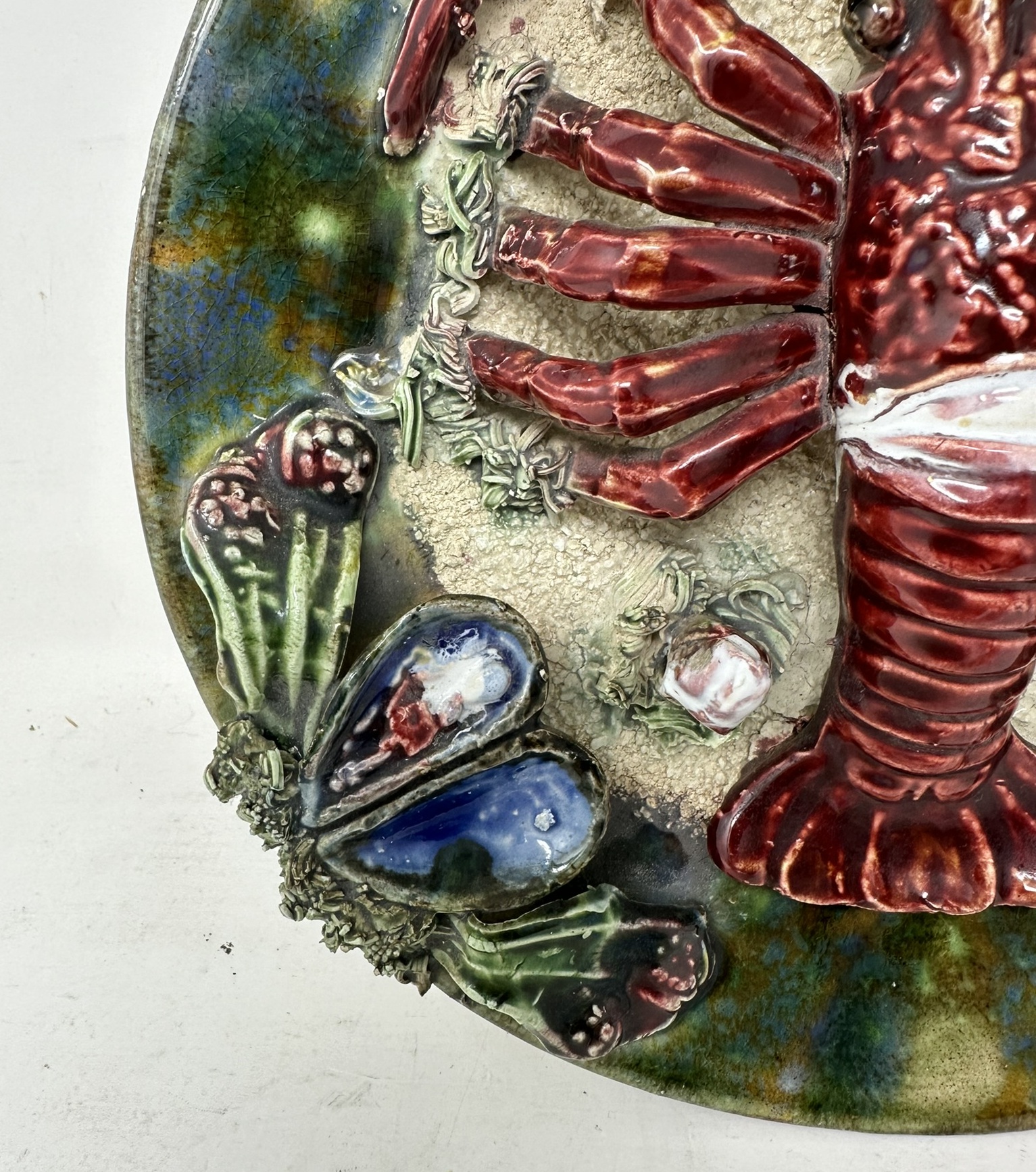 295. Pair Antique Majolica Palissy Portuguese Charger by Jose A Cunha Lobster Seafood - Image 4