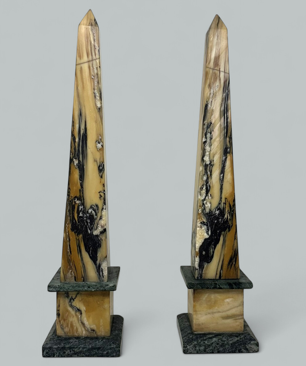 224. Antique Pair Italian Sienna Green Vert Marble Obelisks Garniture Columns 1920's - Image 3