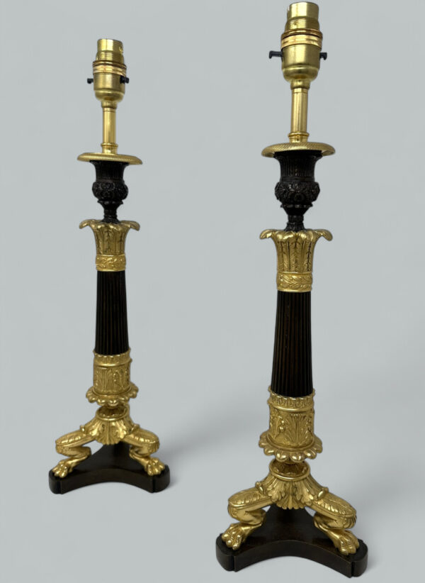 605. Antique Pair of French Doré Bronze Neoclassical Ormolu Gilt Candlesticks Lamps