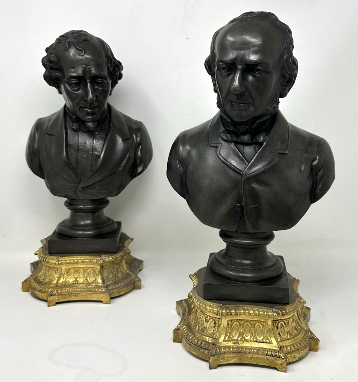 944. Antique Pair Bronzed Ormolu Busts William Ewart Gladstone Benjamin Disraeli 19Ct