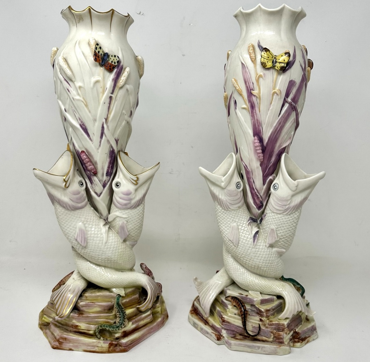 524. Antique Pair Irish Belleek Porcelain Triple Fish Rare Vases 1863-1890 Ireland - Image 2