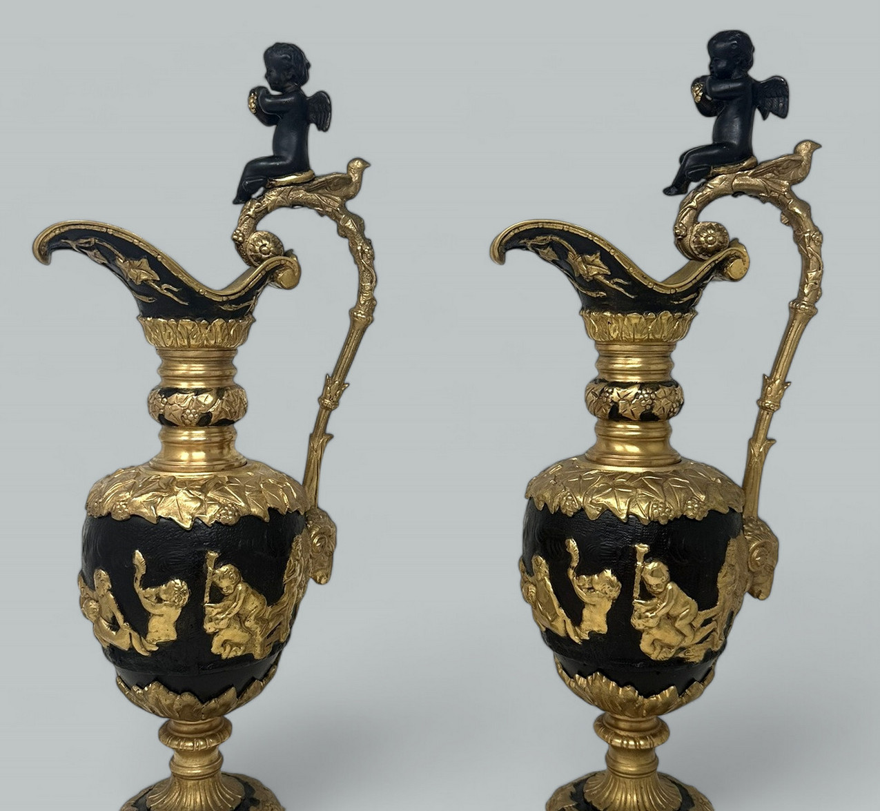 570. Antique Pair French Bronze Ormolu Ewers Vases Manner of Claude Michel Clodion - Image 3
