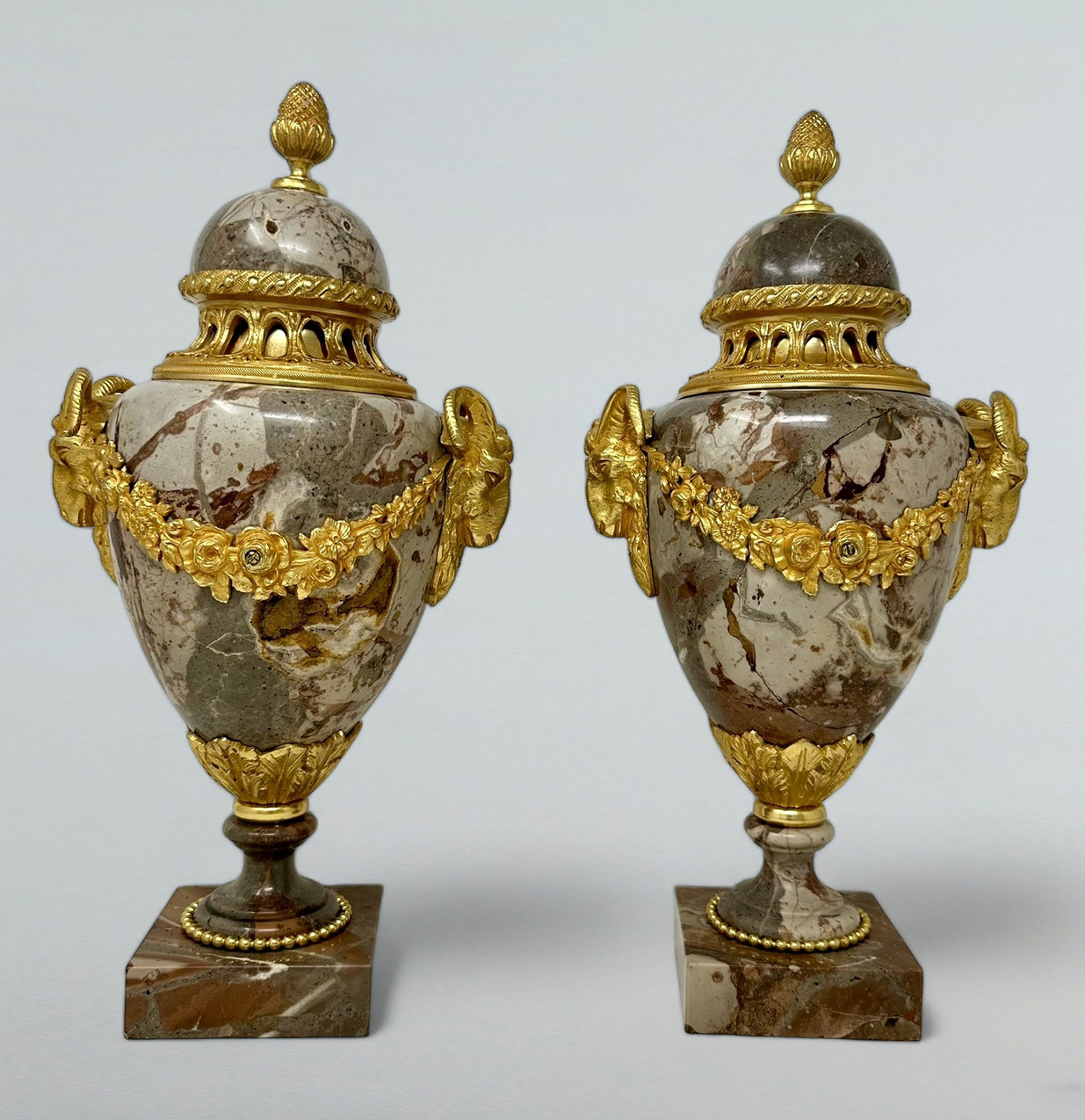 154. Antique Pair French Sarrancolin Marble Gilt Bronze Ormolu Urns Vases Grand Tour - Image 3