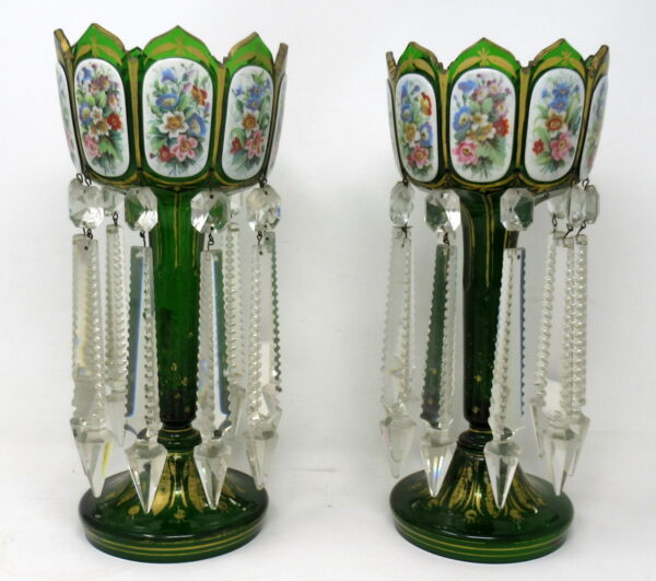 176. Antique Crystal Bohemian Emerald Green Enamel Pair Overlaid Lusters Candlesticks