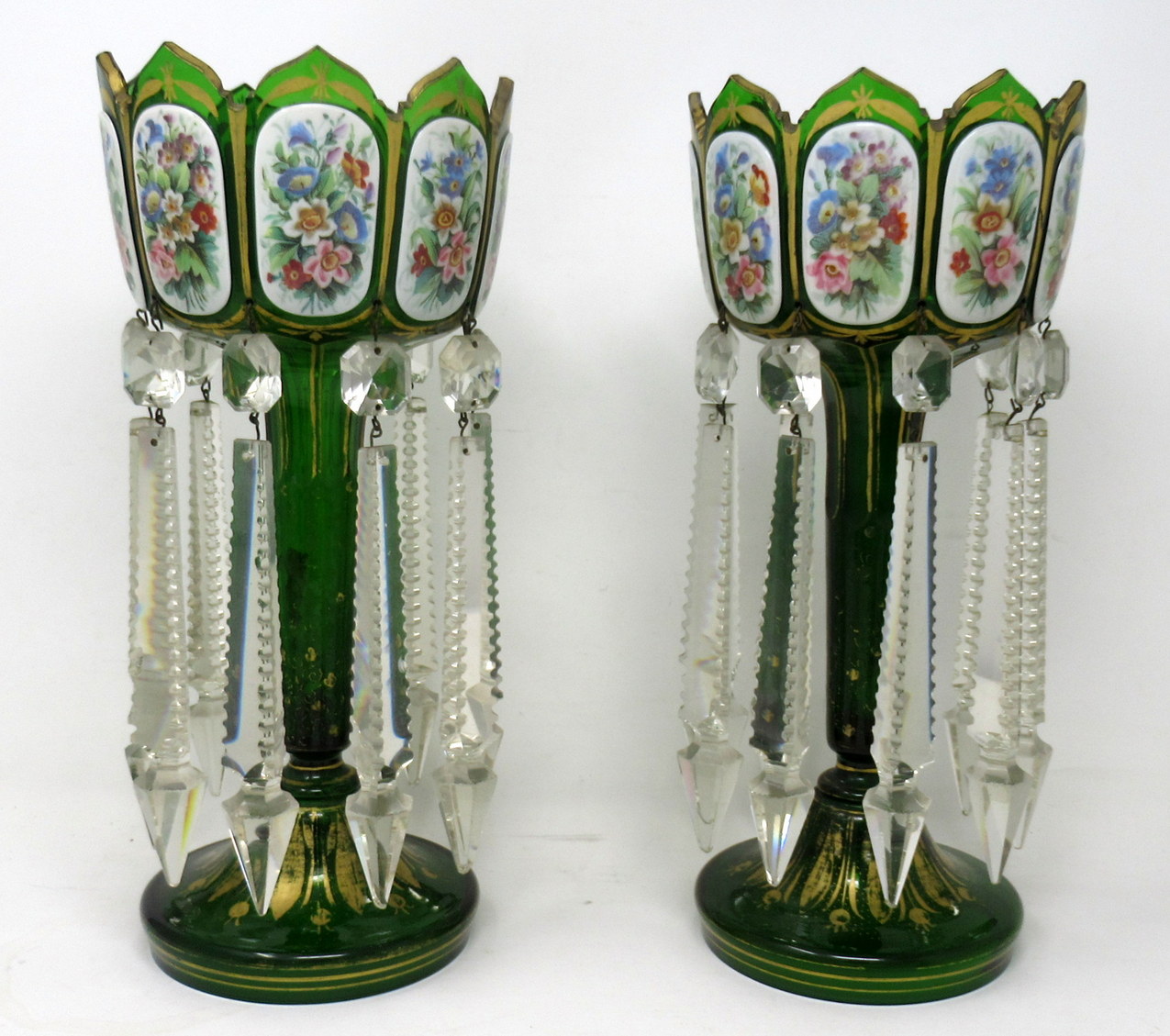 176. Antique Crystal Bohemian Emerald Green Enamel Pair Overlaid Lusters Candlesticks
