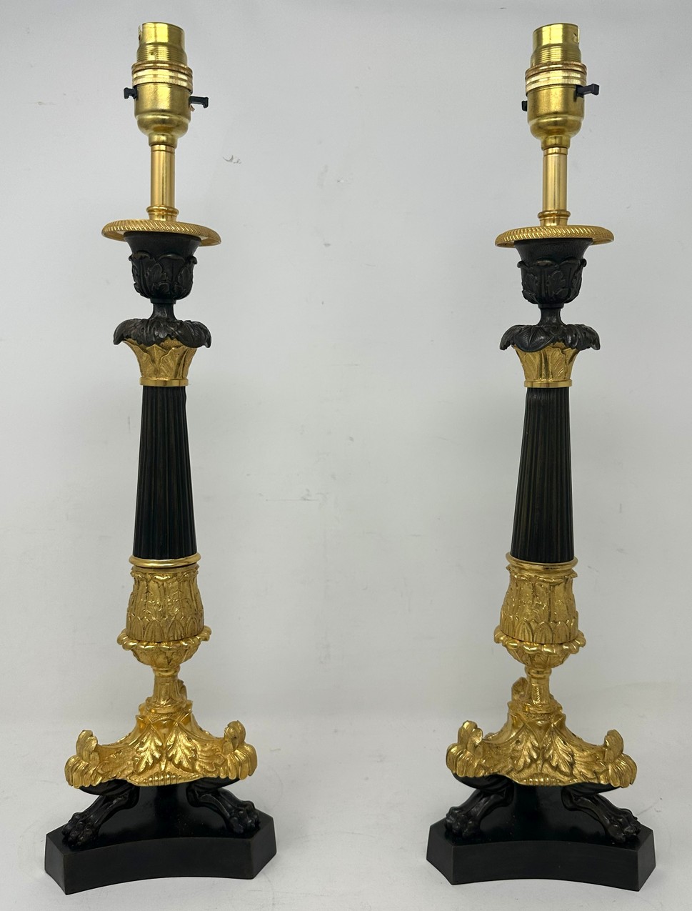 222. Antique Pair of French Doré Bronze Neoclassical Ormolu Gilt Candlesticks Lamps - Image 3