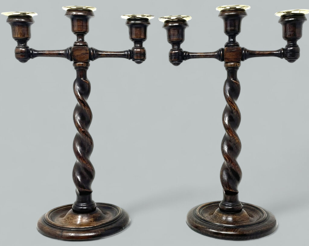 629. Antique Pair English Victorian Wooden Barley Twist Candlesticks Candelabra 19 Ct