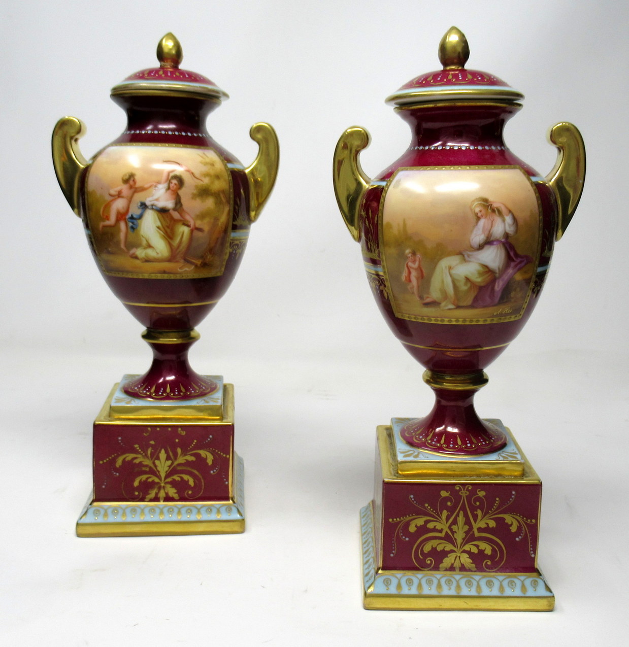 479. Fine Pair Austrian Royal Vienna Mythological Themed Hand Painted Vases 19th Ct