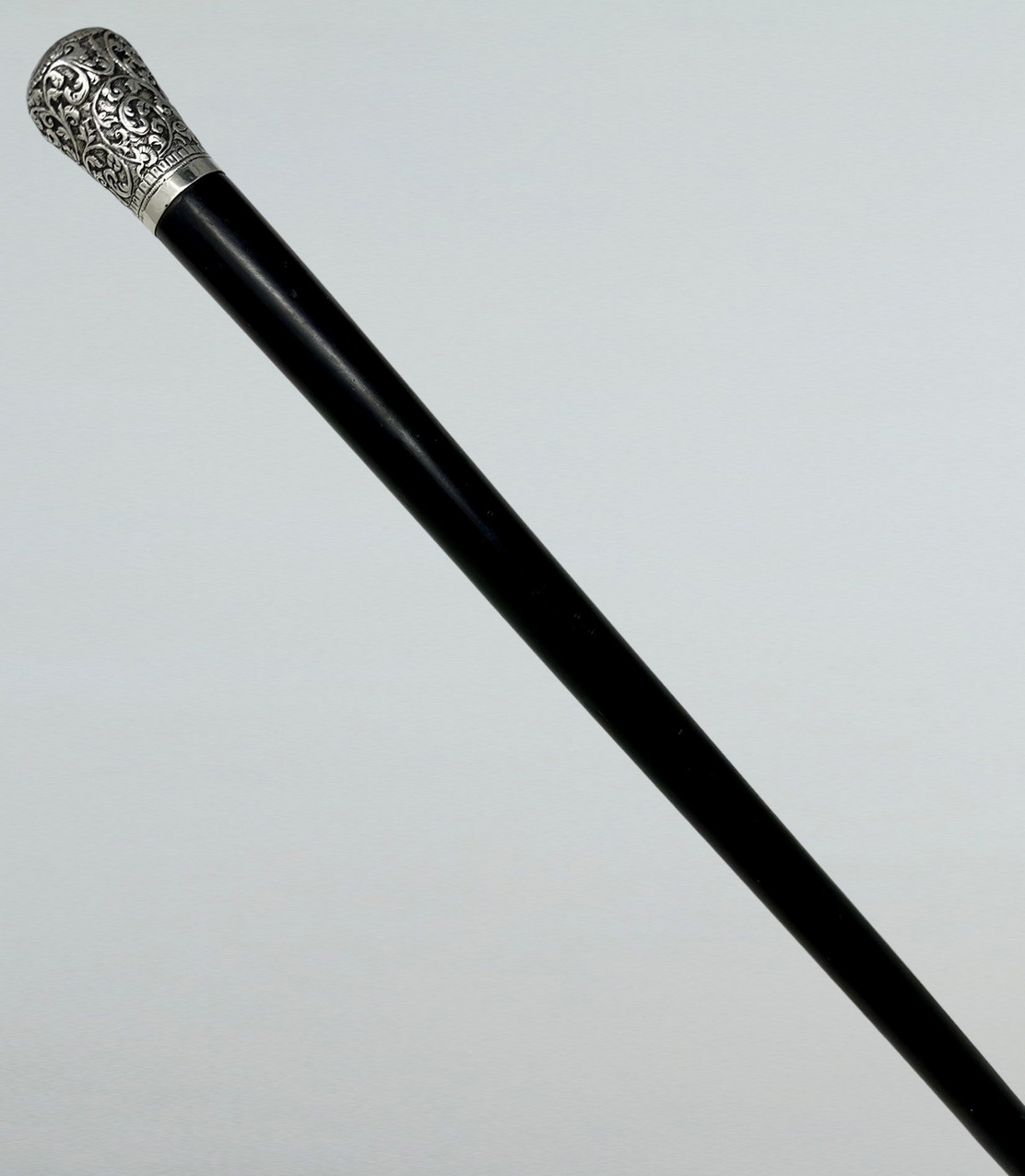 574. Antique Vintage Wooden Ebony Chinese Walking Stick Dress Cane Sterling Silver - Image 5