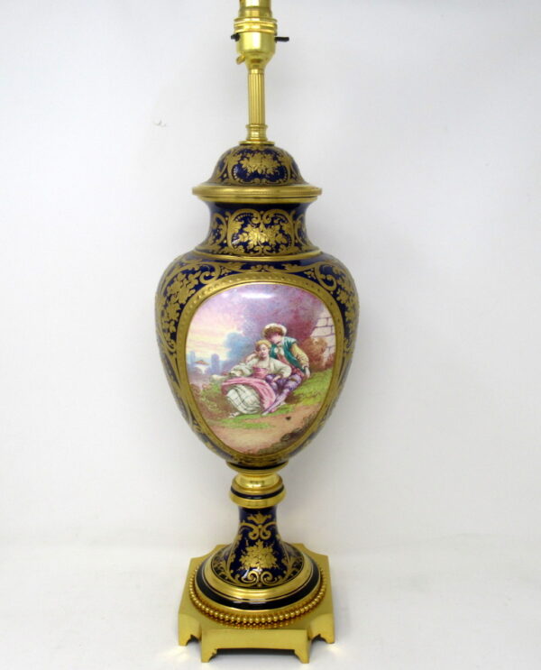 278. French Sèvres Porcelain Watteau Scene Ormolu Cobalt Blue Table Lamp 19th Century