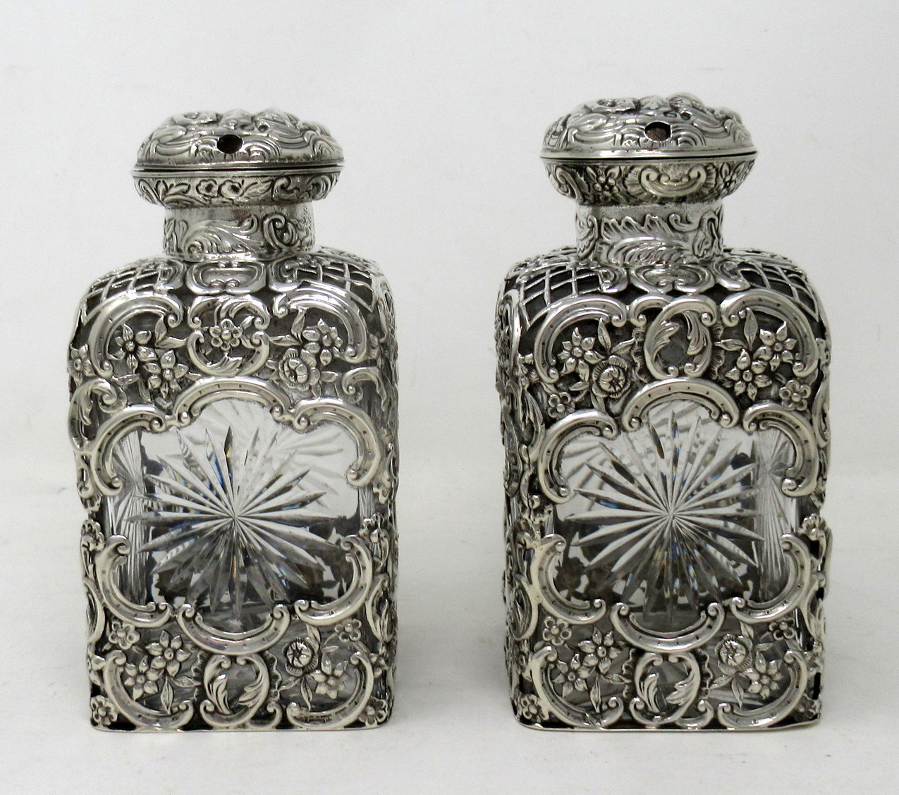 275. Pair Antique English Crystal Sterling Silver Scent Perfume Bottles William Comyns - Image 2