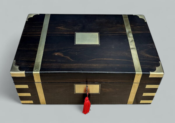 565. Antique Regency Brass Bound Coromandel Traveling Desk Wooden Writing Slope Box