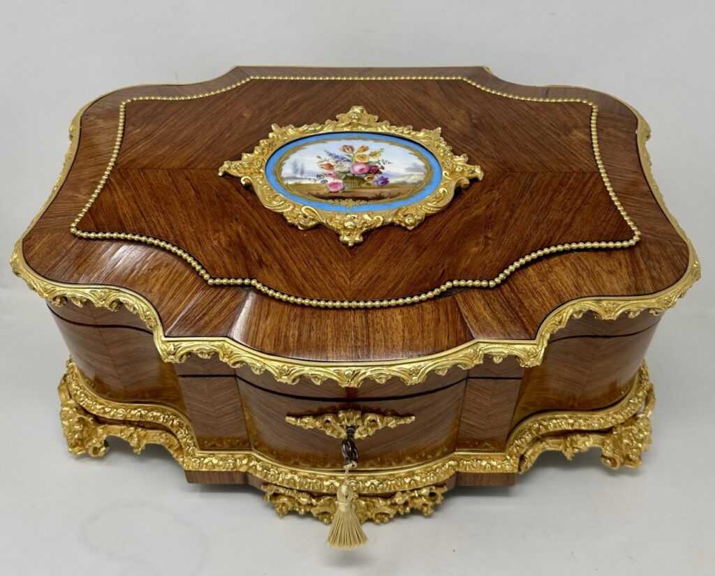 888. Antique French Ormolu Kingwood Sevres Casket Jewelry Box by Vervelle Audot Paris