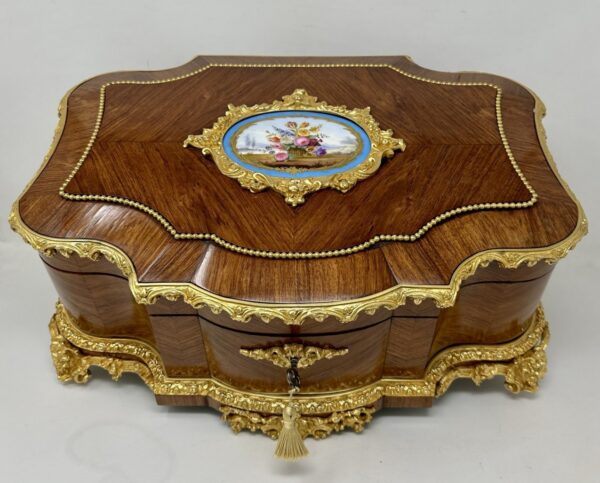 888. Antique French Ormolu Kingwood Sevres Casket Jewelry Box by Vervelle Audot Paris
