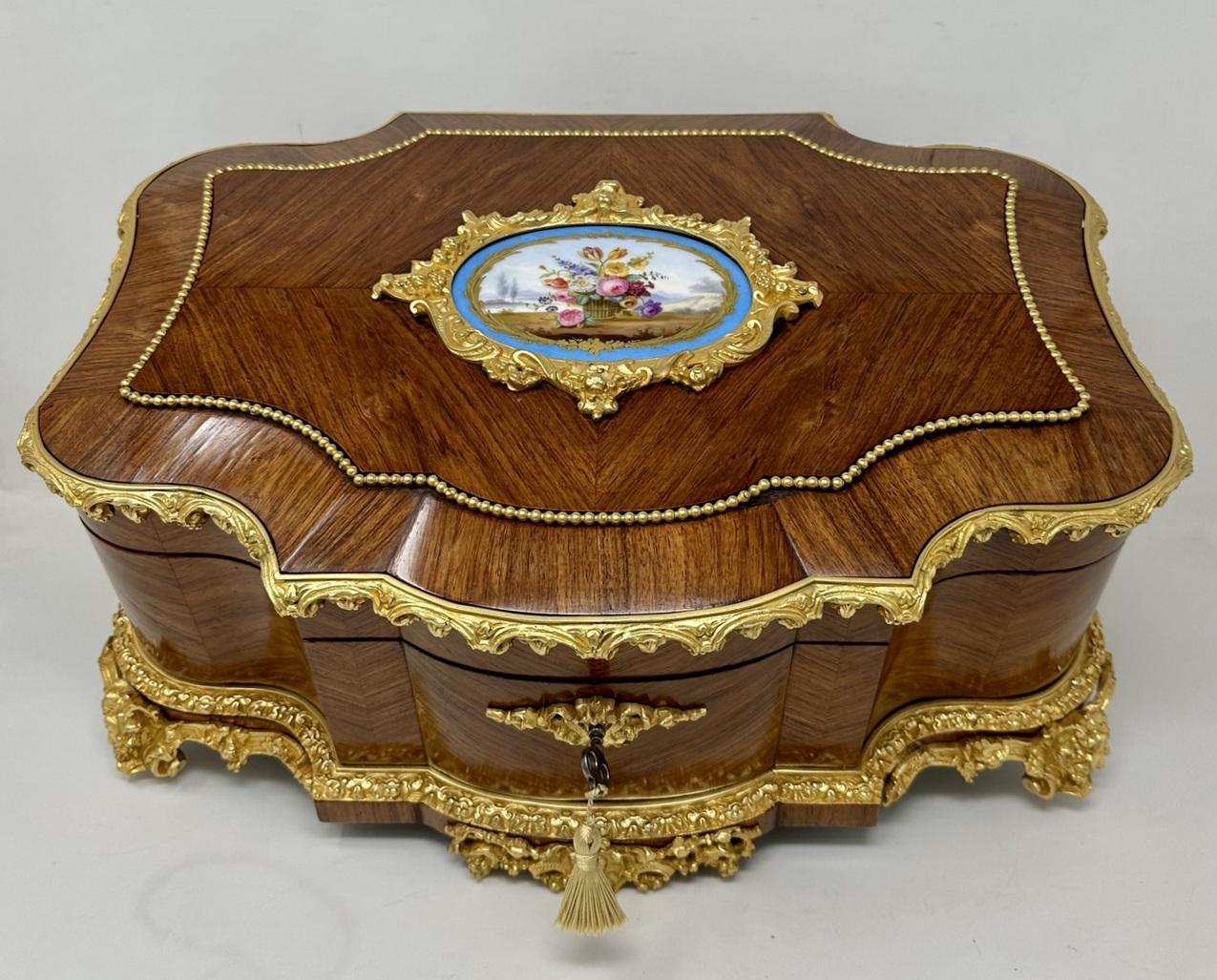 888. Antique French Ormolu Kingwood Sevres Casket Jewelry Box by Vervelle Audot Paris