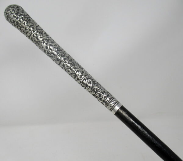 262. Stylish Ebonized Long Chinese Silver Embossed Grip Walking Swagger Cane 19thCt
