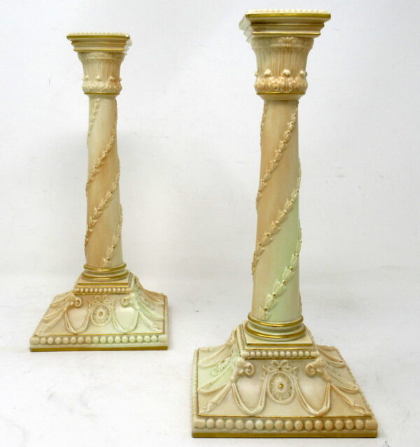 506. Antique Pair Royal Worcester Gilt Blush English Porcelain Corinthian Candlesticks