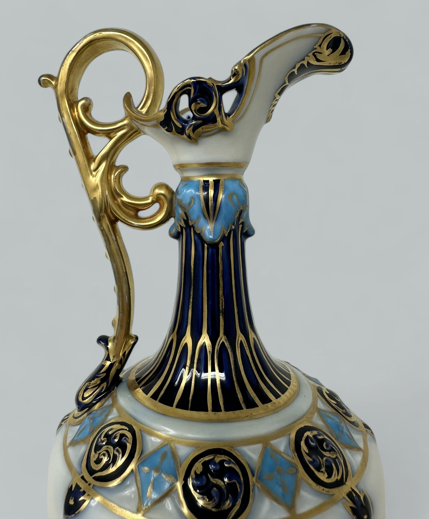 373. Antique Czechoslovakian Porcelain Hand Painted Gilt Vase Ewer Centerpiece 1920 - Image 6