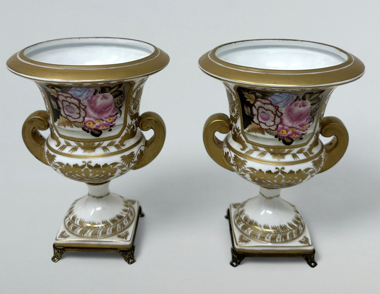 359. Antique Pair French Edwardian Campana Porcelain Urns Vases Still Life Flowers - Image 3
