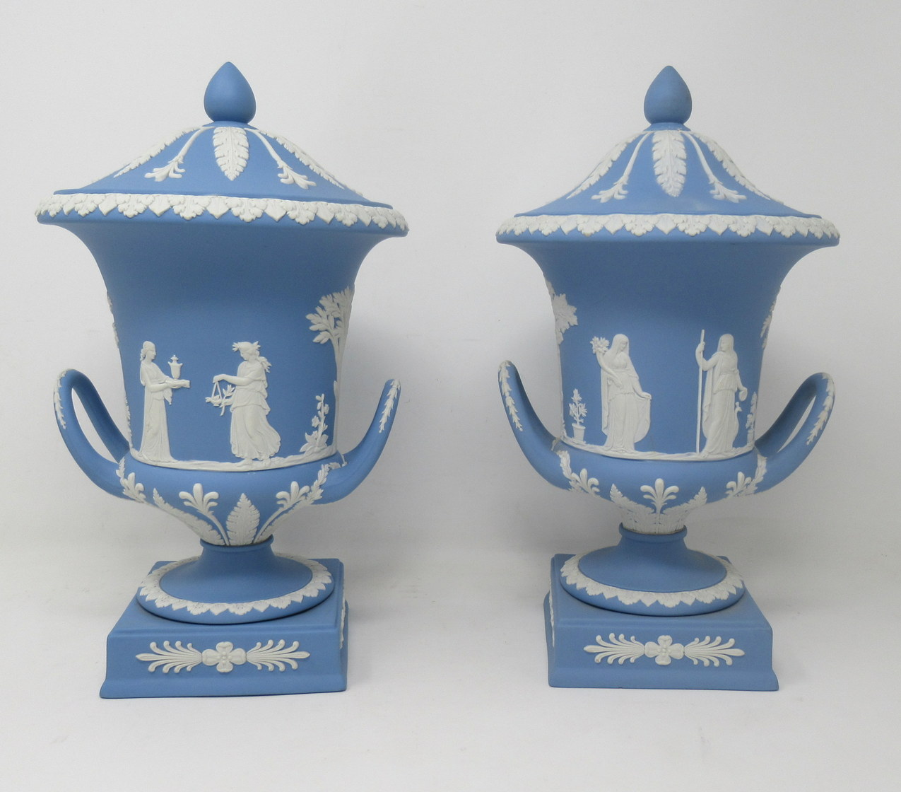 356. Antique Pair of Blue Wedgwood Jasperware Ceramic Urns Vases Mythological Classical Scenes - Image 4