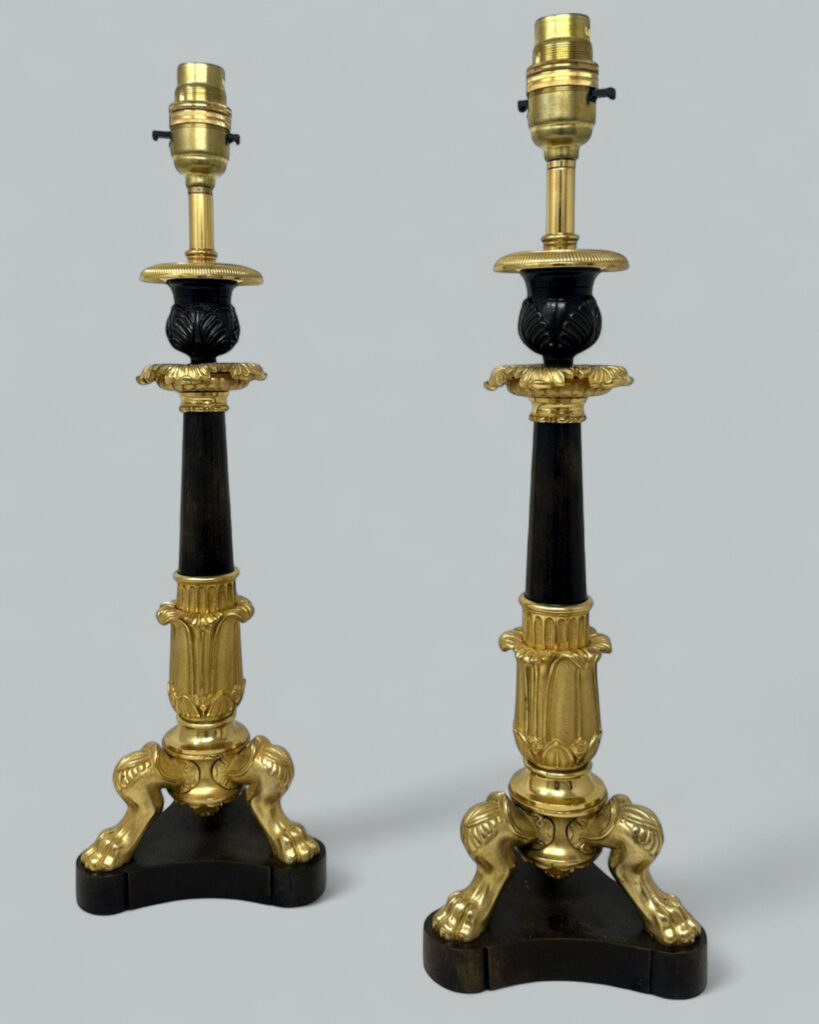 174. SOLD. Antique Pair French Doré Bronze Neoclassical Ormolu Gilt Candlesticks Table Lamps