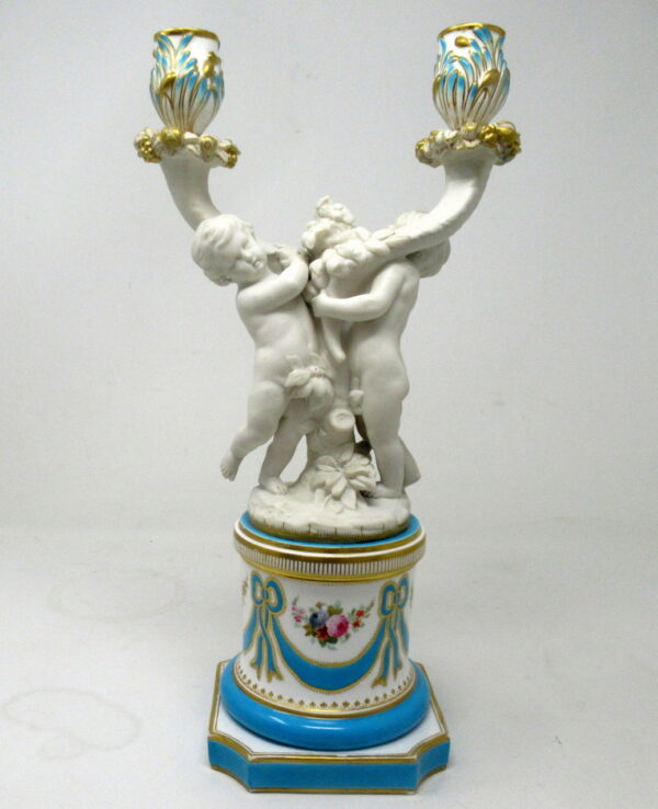 810. Antique Minton Staffordshire Porcelain Candelabra Centerpiece Parian Cherub 19C