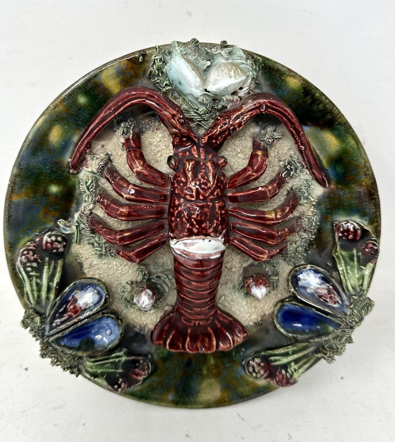 295. Pair Antique Majolica Palissy Portuguese Charger by Jose A Cunha Lobster Seafood - Image 3