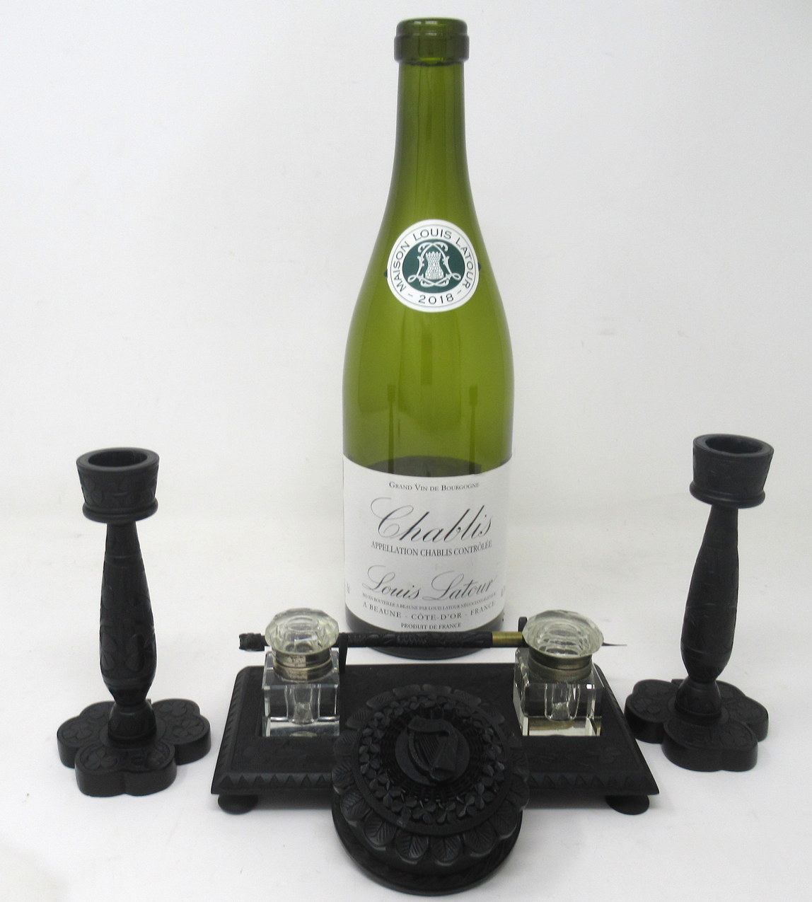 158. Irish Carved Bog Oak Desk Set Candlestick Shamrock Harp Greyhound Dublin Ireland - Image 14