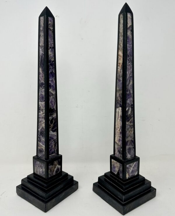 899. Antique Pair Italian Grand Tour Amethyst Blue John Marble Neoclassical Obelisks Columns